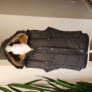 American Eagle Outfitters Gray Puffer Vest Jacket Zip Up Fur Hood L